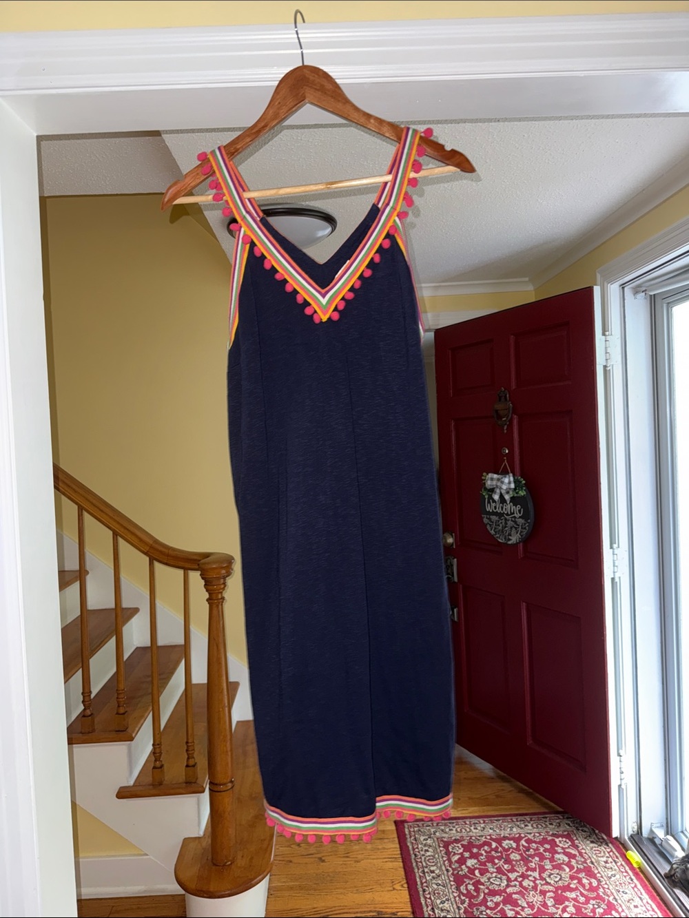 Boden Navy Maxi Dress with Pink and Orange Pom Trim